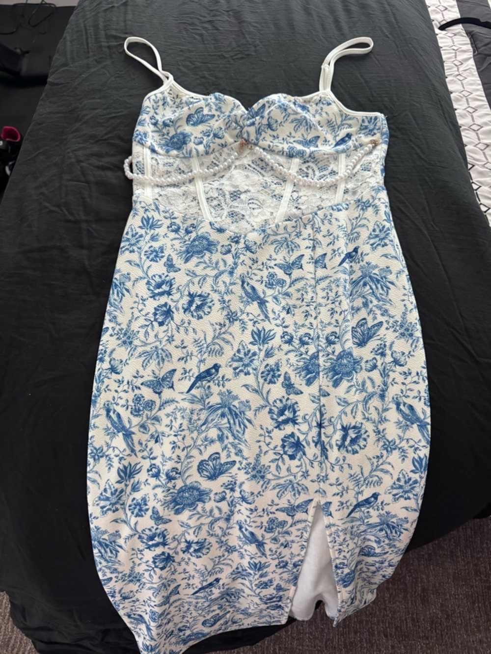 Blue Floral Lace-Trim Midi Dress